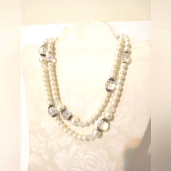 Faux Pearl And Aurora Borealis Crystal Necklace Long 34" Vintage Style - Picture 5 of 5